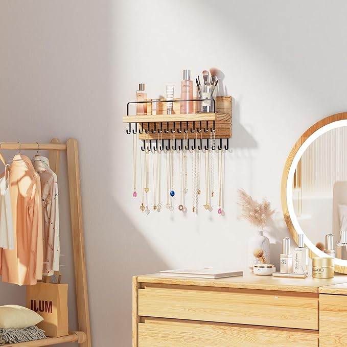 Lolalet Necklace Holder Hanging Necklace Organizer Wall Mounted Jewelry Organizer with 28 Hooks and Perfume Shelf, Wood Necklace Hanger Rack for Bracelets -Black