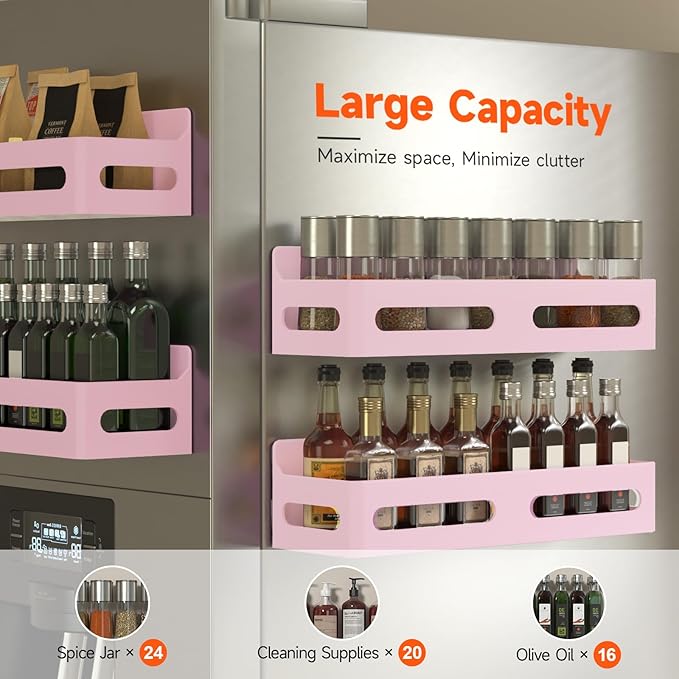 Sevenblue 4 Pack Strong Magnetic Spice Rack for Refrigerator, Multipurpose Magnetic Shelf for Fridge with 4 Hooks for kitchen and Bathroom Organization, Pink