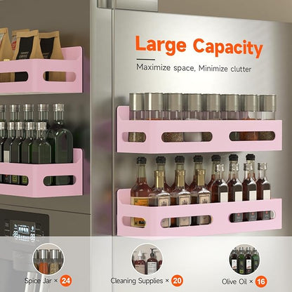 Sevenblue 4 Pack Strong Magnetic Spice Rack for Refrigerator, Multipurpose Magnetic Shelf for Fridge with 4 Hooks for kitchen and Bathroom Organization, Pink
