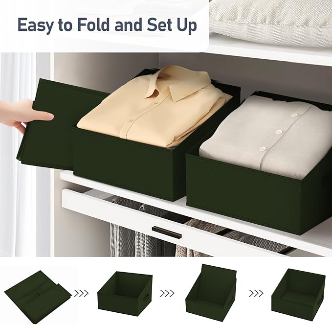 DIMJ Closet Storage Bins 6 Pack - Fabric Trapezoid Closet Organizer Bin, Foldable Storage Baskets for Shelves, Closet Shelf Organizer, Clothing Storage Box for Toys, Books, Towel, Clothes, Green