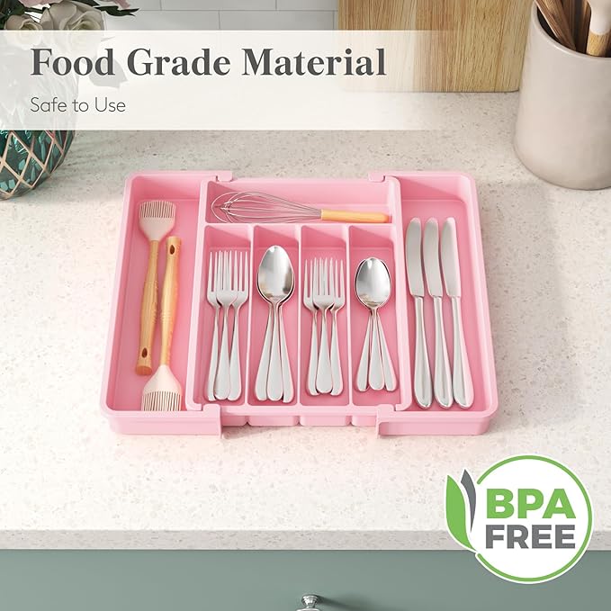 Lifewit Silverware Drawer Organizer, Expandable Utensil Tray for Kitchen, BPA Free Flatware and Cutlery Holder, Adjustable Plastic Storage for Spoons Forks Knives, 8.5"-14.1" x 12.1", Pink