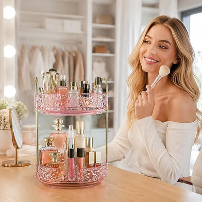 Fangoo 2 Tiers Pink Rotating Makeup Organizer for Vanity, 360 Spinning Skincare Organizers for Dresser Perfume Organizer Large Skincare Make up Storage Cosmetic Organizer for Bathroom Countertop