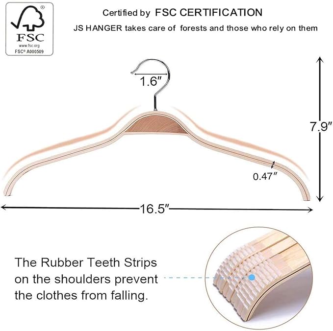 JS Hanger Lightweight Non Slip Wooden Hangers - 30 Pack Heavy Duty Wood Coat Hangers with Soft Stripes for Camisole, Jacket, Dress Clothes, Sweater, Natural Finish