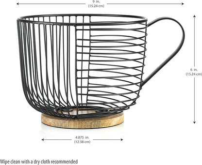 Coffee Pod Holder - Large Capacity Black Wire K Cup Storage with Wooden Base - Modern Coffee Basket Decor for Kitchen Countertop for Keurig Kcups & Espresso Capsules