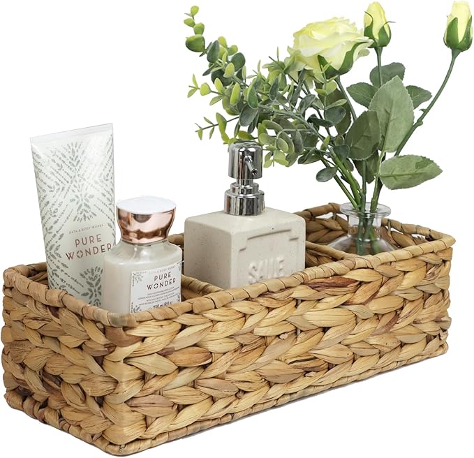 Water Hyacinth Basket for Toilet Paper, Wicker Baskets for Storage Bathroom Counter, Storage Basket With 3 Compartments, Restroom Bathroom Baskets Tray Vanity Organizer (Water Hyacinth)