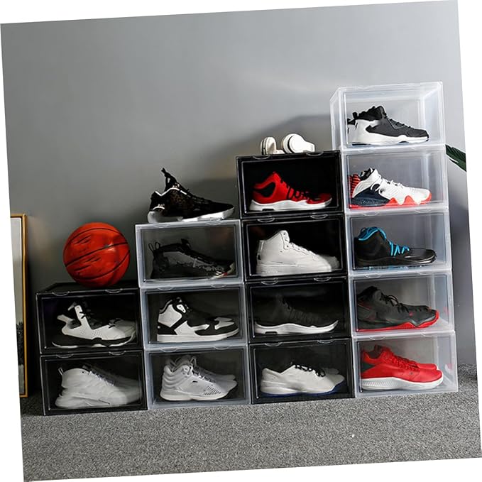 Lurrose Shoe Storage Box with Dustproof Design Stackable Shoe Organizer with Door Buckle Connector Plastic Container for Home Closet