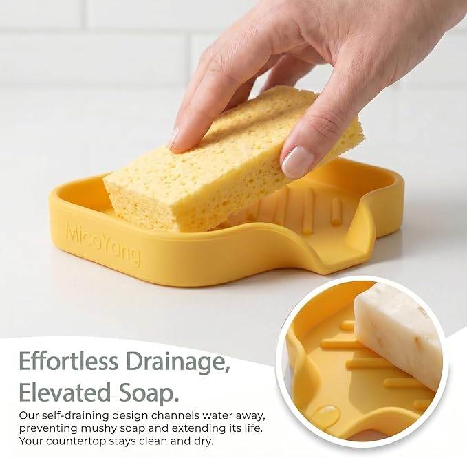 MicoYang Silicone Bathroom Soap Dishes with Drain Spout-Bathroom and Kitchen Sink Organizer,Sponge Holder,Dish Soap Tray,Perfect for Dispenser,Scrubber,Bottle,Cup on Sink or Counter-Yellow 4.9"×3.2"
