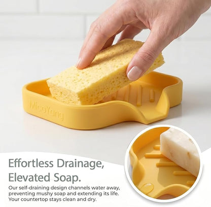 MicoYang Silicone Bathroom Soap Dishes with Drain Spout-Bathroom and Kitchen Sink Organizer,Sponge Holder,Dish Soap Tray,Perfect for Dispenser,Scrubber,Bottle,Cup on Sink or Counter-Yellow 4.9"×3.2"