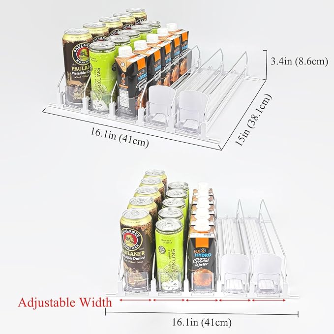 Drink Organizer for Fridge, Self Pushing Soda Can Dispenser for Refrigerator, Automatic Beverage Pusher Glide Beer Water Bottle Holder -5 Rows, White