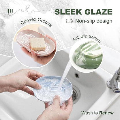 Elegant Ceramic Soap Dish for Shower with Unique Marble Texture, Decorative Bar Soap Holder for Bathroom & Kitchen, Easy Clean Versatile Oval Soap Dishes for Soap Bar