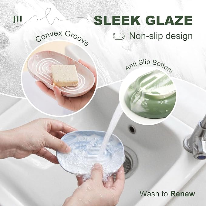 Elegant Ceramic Soap Dish for Shower with Unique Marble Texture, Decorative Bar Soap Holder for Bathroom & Kitchen, Easy Clean Versatile Cute Oval Soap Dishes for Soap Bars, Jewelry, Sponge