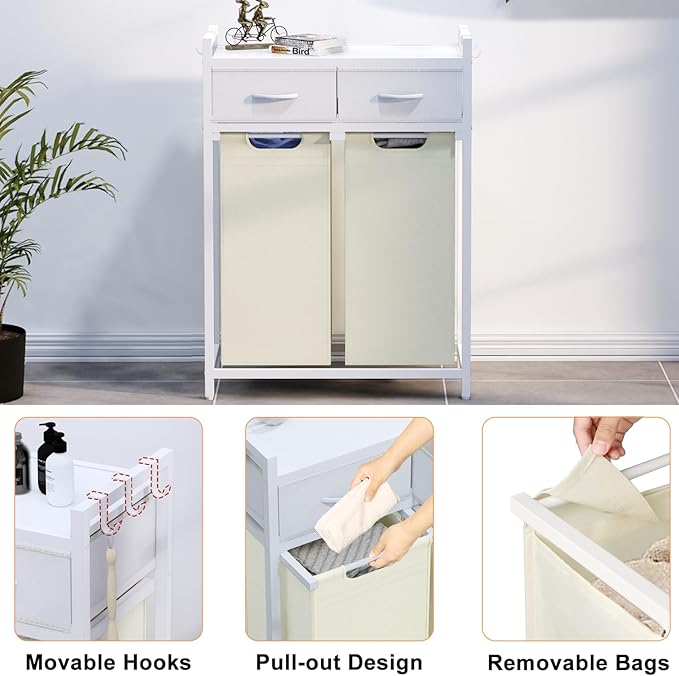 Timberer Laundry Hamper, Laundry Sorter 2 Section, Rolling Laundry Basket with Wheels, 2 Drawers, 2 × 14.5 Gal (55 L), Pull-Out and Removable Oxford Fabric Bags, White and Beige