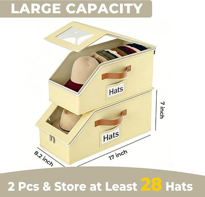 2 Pack Hat Organizer for Women & Men, Foldable Hat Storage Box with Clear Window Lid, Stackable Clear Hat Storage for Baseball, Cowboy Caps, Store up to 28 Caps, Butter Yellow