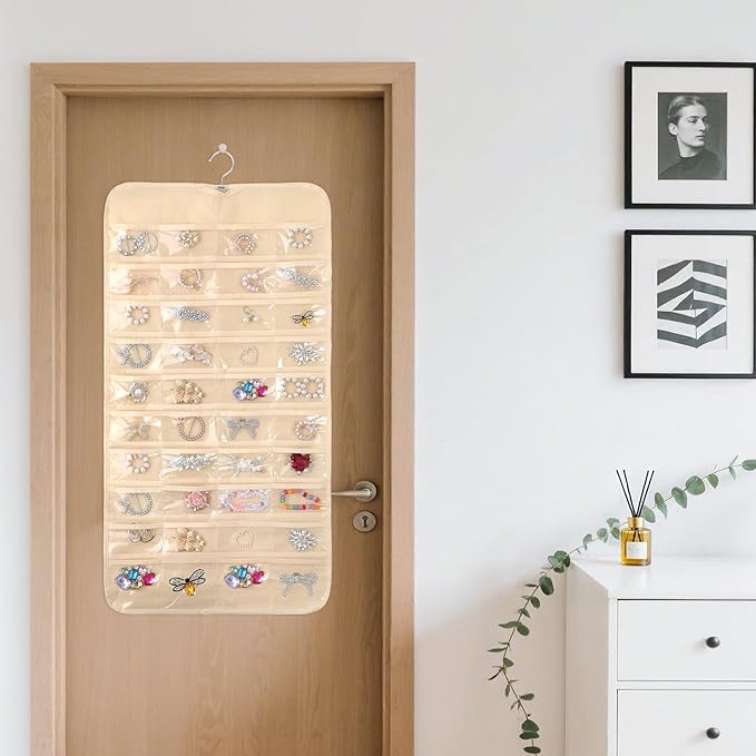 4 Pcs hanging jewelry organizer with 80 Pockets jewelry organizers and storage hanging earring organizer for travel Dual Sided over the door Holder Closet for Necklace Bracelet Ring