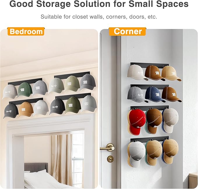 MISSLO Hat Rack for Wall with 2-way Display Hat Hooks for Wall Hanger 4 Pack Holds 24 Baseball Cap Holder Organizer for Closet, Wall Mounted, Bedroom Storage