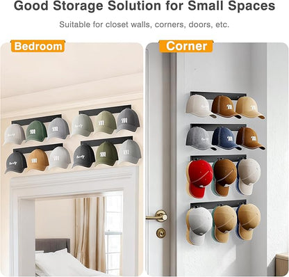 MISSLO Hat Rack for Wall with 2-way Display Hat Hooks for Wall Hanger 4 Pack Holds 24 Baseball Cap Holder Organizer for Closet, Wall Mounted, Bedroom Storage