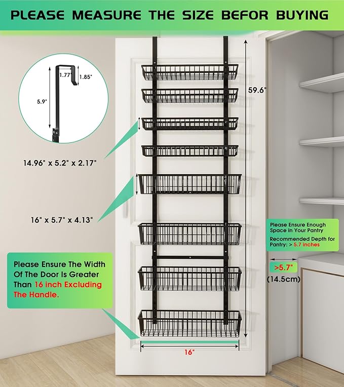 Mefirt Over The Door Pantry Organizer, Pantry Organization and Storage, 8-Tier Deep Baskets Hanging Heavy-Duty Metal, Wall Spice Rack Seasoning Shelves for Home & Kitchen, Laundry Room Bathroom, Black