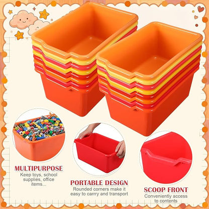 Dandat 16 Pcs Plastic Book Bins for Classroom Library Cubby Bins Scoop Front Stackable Toy Storage Tubs Containers for School Office Home Nursery Playroom Organization (Warm Series)