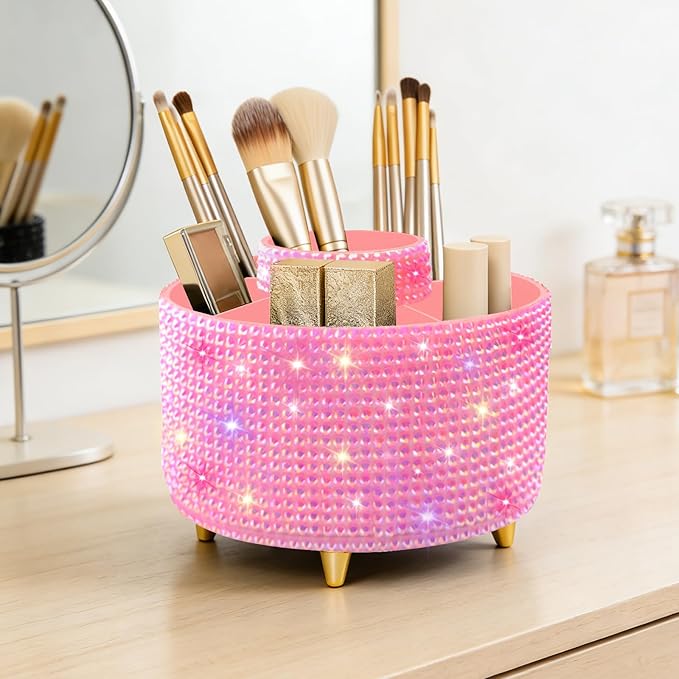 Diesisa Bling Makeup Organizer: 360°Rotating Bling Rhinestone Cosmetic Display Cases -Diamond Makeup Brush Holder - 5 Slot Cup for Cosmetics - Bling Lipstick Organizer - Gift for Women - Diamond Pink