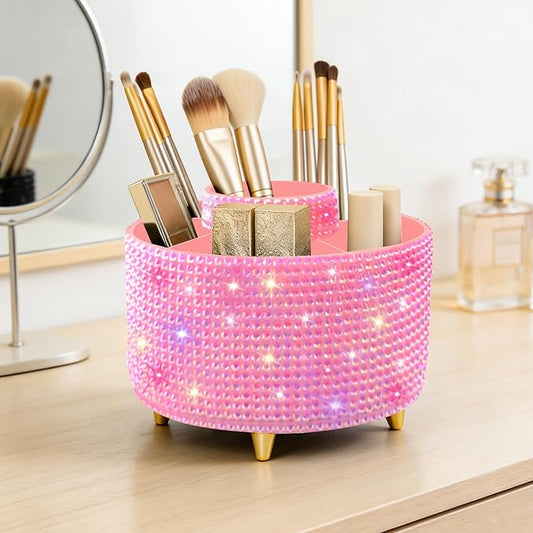 Diesisa Bling Makeup Organizer: 360°Rotating Bling Rhinestone Cosmetic Display Cases -Diamond Makeup Brush Holder - 5 Slot Cup for Cosmetics - Bling Lipstick Organizer - Gift for Women - Diamond Pink
