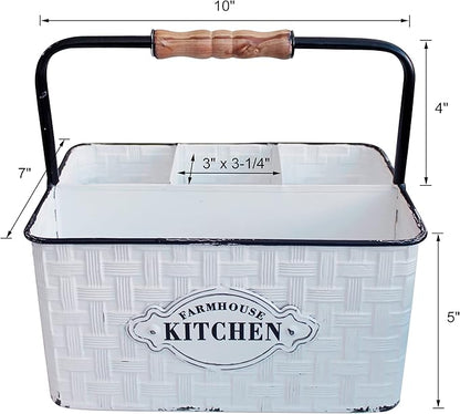 CVHOMEDECO. Rustic Distressed Metal Silverware Organizer Utensil Caddy, Flatware holder, Tabletop Organizer, Enamel Finish with Wood handle and 4 Compartments, White
