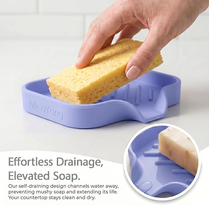 MicoYang Silicone Bathroom Soap Dishes with Drain Spout-Bathroom and Kitchen Sink Organizer,Sponge Holder,Dish Soap Tray,Perfect for Dispenser,Scrubber,Bottle on Sink or Counter-Light Purple 4.9"×3.2"