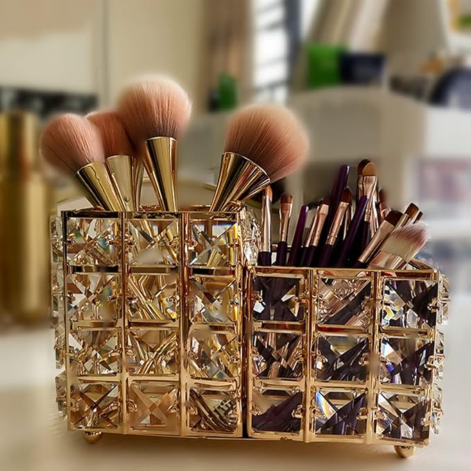K COOL Crystal Makeup Brush Holder 2 Slot Hexagon Cosmetics Brush Eyeliner Display Cup Home Decorative Makeup Organizer Tabletop Candle Pen Pencil Holder for Office Hotel Dresser Bathroom-Gold