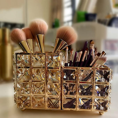 K COOL Crystal Makeup Brush Holder 2 Slot Hexagon Cosmetics Brush Eyeliner Display Cup Home Decorative Makeup Organizer Tabletop Candle Pen Pencil Holder for Office Hotel Dresser Bathroom-Gold