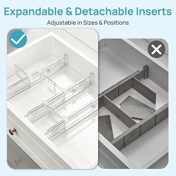 Vtopmart 2.36” Drawer Dividers with Expandable Inserts, 12.8"-22.3" Adjustable Kitchen Drawer Organizer, Clear Plastic Organizer Separator for Flatware, Utensil, Cutlery, 6 Dividers with 10 Inserts