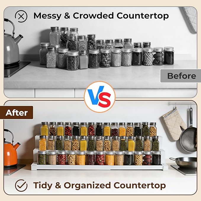 3-Tier Spice Rack Organizer for Kitchen Cabinet or Pantry, 16"-29" Expandable Spice Organization Shelf, Seasoning Organizer, Metal Display Shelf, Slip-Resistant Design for Jars and Bottles, White
