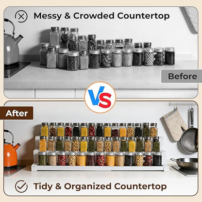 3-Tier Spice Rack Organizer for Kitchen Cabinet or Pantry, 16"-29" Expandable Spice Organization Shelf, Seasoning Organizer, Metal Display Shelf, Slip-Resistant Design for Jars and Bottles, White
