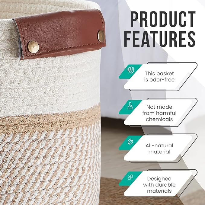 3 Pack Cotton Rope Storage Basket Woven Shelf Storage Bin with Faux Leather Handles, Decorative Closet Shelf Woven Basket for Storage Organizers, 15 x 10 x 9, White/Brown