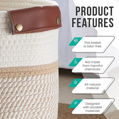 3 Pack Cotton Rope Storage Basket Woven Shelf Storage Bin with Faux Leather Handles, Decorative Closet Shelf Woven Basket for Storage Organizers, 15 x 10 x 9, White/Brown