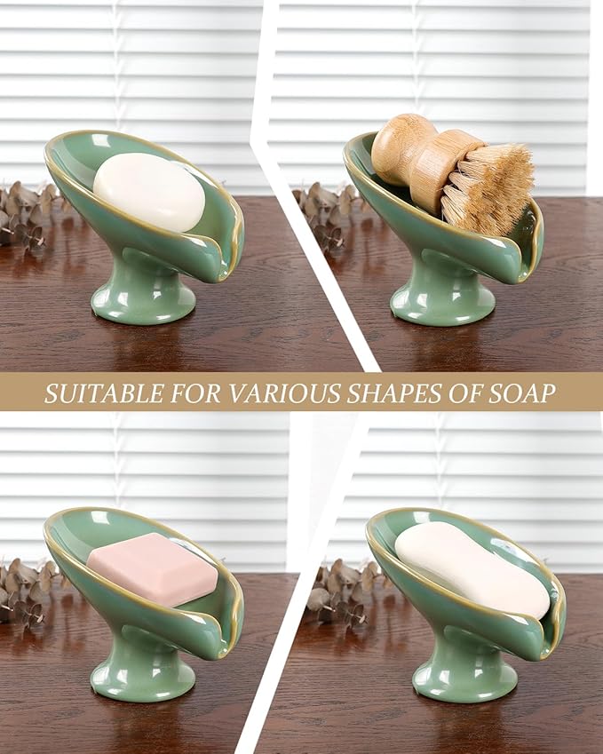 Soap Dish, Self Draining Bar Soap Holder for Bathroom Sink, Leaf Shaped Drainage Ceramic Mint Green Porcelain Decorative Soap Dish, No Suction Cup, ANTIS'S HOME