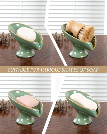 Soap Dish, Self Draining Bar Soap Holder for Bathroom Sink, Leaf Shaped Drainage Ceramic Mint Green Porcelain Decorative Soap Dish, No Suction Cup, ANTIS'S HOME