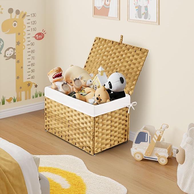 Greenstell Storage Basket with Lid, 65L Small Wicker Basket with Lid, Handwoven Blanket Storage Basket with Handles, Removable Cotton Liner, Metal Frame, Foldable for Bedroom, Laundry Room, Natural