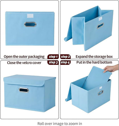 STOREONE Fabric Storage Cube Bins Foldable Organizer Container Collapsible Basket with Lids and Metal Handles, for Home, Bedroom, Closet 6 Pcs (multicolour-blue)