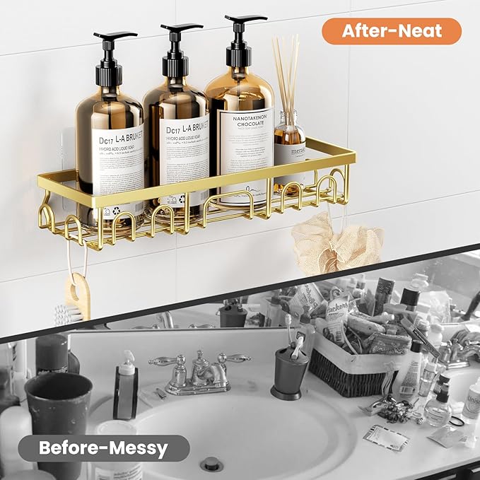 Shower Caddy, 5 Pack Shower Shelves for Inside Bathroom, Rustproof Adhesive Bathroom Organizer with Soap Holder, No Drilling Washroom Organizers and Storage for Bathtub Room/Kitchen/Home, Gold