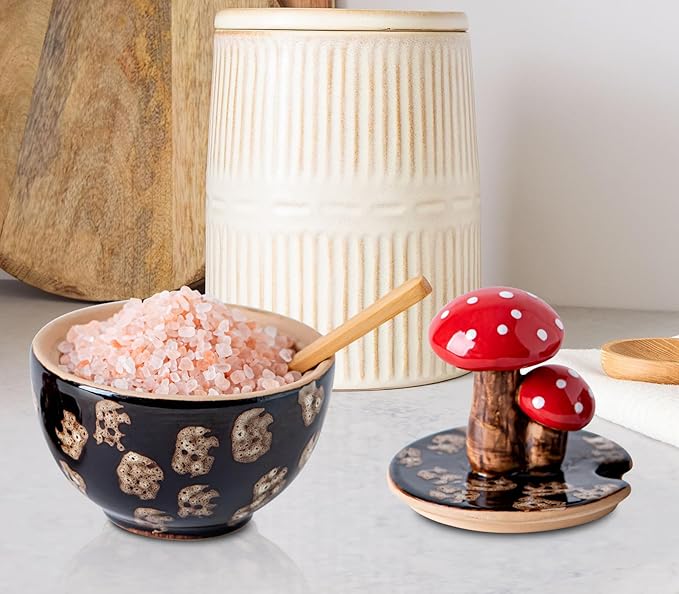 Brown Ceramic Mushroom Salt Cellar With Lid and Bamboo Spoon