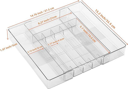 IEEK Silverware Drawer Organizer Tray for Kitchen,Expandable Utensil Tray Multipurpose Drawer Dividers Adjustable Cutlery and Flatware Holder,Plastic Spoon Forks Knives Holder Storage Divider,Clear-M