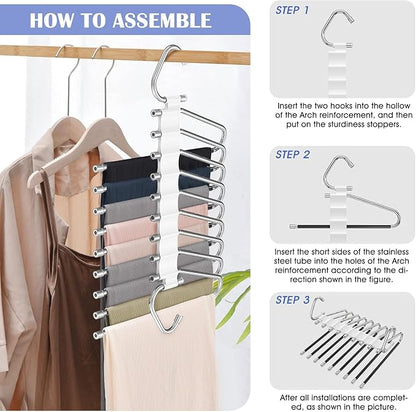Upgrade 9 Layers Pants Hangers Space Saving, 4 Pack Multifunctional Pants Rack Non Slip Stainless Steel Clothes Space Saver Hangers Closet Organizers Storage for Pants Jeans Legging Skirt, Silky White