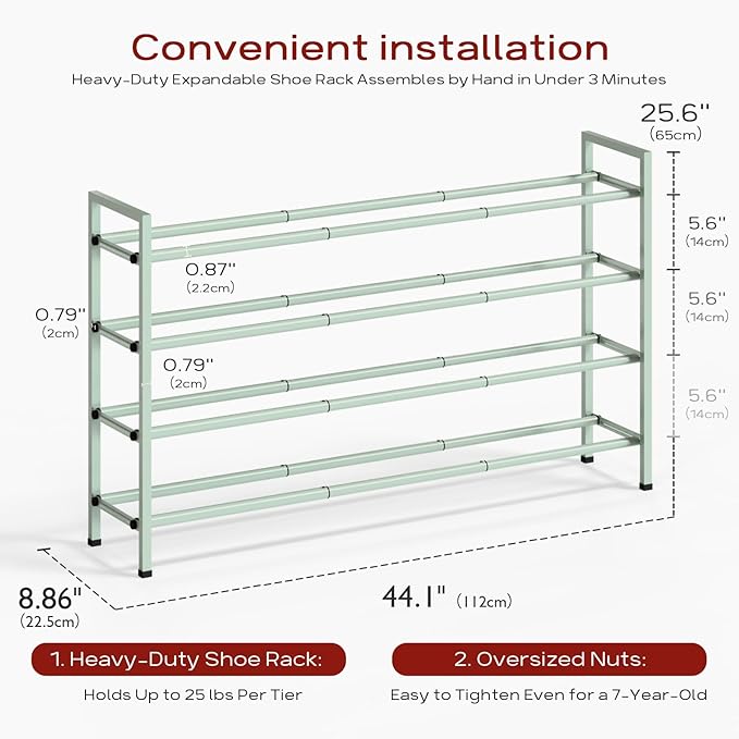 Bumusty 4-Tier Long Expandable Shoe Rack for Closet, 18"-44" Adjustable Shoe Rack for Entryway, 20-24 Pairs Large Shoe Organizer Shelf Storage, Sturdy Metal, Green