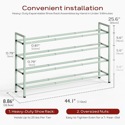 Bumusty 4-Tier Long Expandable Shoe Rack for Closet, 18"-44" Adjustable Shoe Rack for Entryway, 20-24 Pairs Large Shoe Organizer Shelf Storage, Sturdy Metal, Green