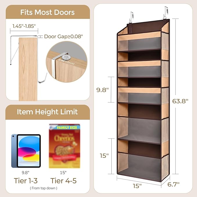 5 Tiers Over Door Organizer with 10 Mesh Side Pockets, 44 lbs Weight Capacity Hanging Storage Organizer with Clear Window Kids Toys, Shoes, Diapers, Brown