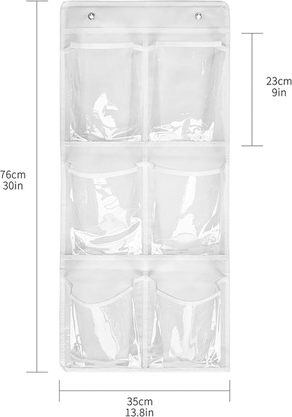 2 Pack 6 Clear Crystal Pockets Large Hanging Shoe Organizer Over The Door Shoe Rack for Closet Door Storage Shoe Holder Hanger, 4 Hooks, White (30'' x 13.8'')