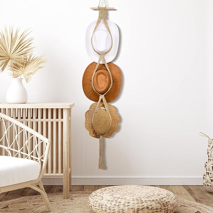 Yulejo Macrame Hat Hangers Racks Boho Cowboy Hats Holders Western Display Organizer Storage decor Back of Door for Wall(Beige,Three Hats Style)