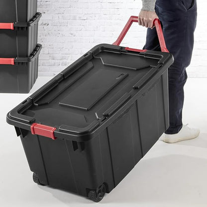 40-Gallon Wheeled Storage Bins (2-Pack) - Heavy Duty Plastic Totes with Lids & Handles - Industrial Garage/Utility Containers for Tools, Camping Gear (36.9" x 21.4") (Black)
