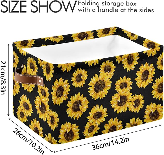 Bolaz Large Storage Basket Sunflower Black Foldable Storage Box Organizer Bins with Handles for Bedroom Home Office