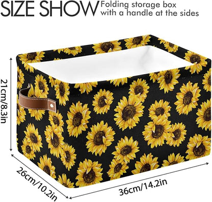 Bolaz Large Storage Basket Sunflower Black Foldable Storage Box Organizer Bins with Handles for Bedroom Home Office