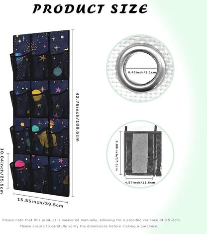 Over the Door Organizer with 12 Mesh Pockets, Storage Hanging Bag Behind the Door for Shoes Toys Cleaning Supplies, Perfect for Bedroom Bathroom or College Dorm, Planet